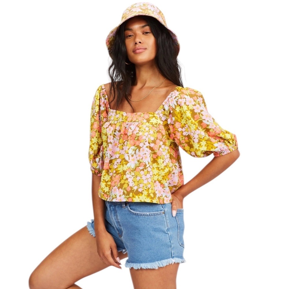 Billabong Boho Floral 70's Style Puff Sleeve Square Neck Crop Top Multi Size XS